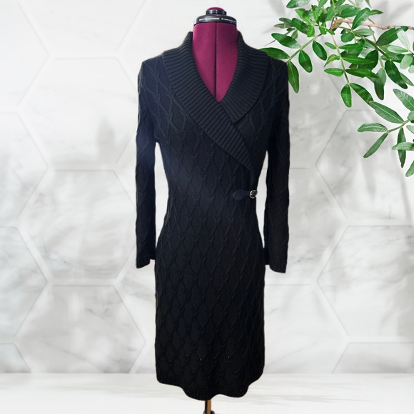 Calvin Klein Black Shawl Collar Chunky Cable Knit Sweater Faix Wrap Dress - Picture 2 of 16